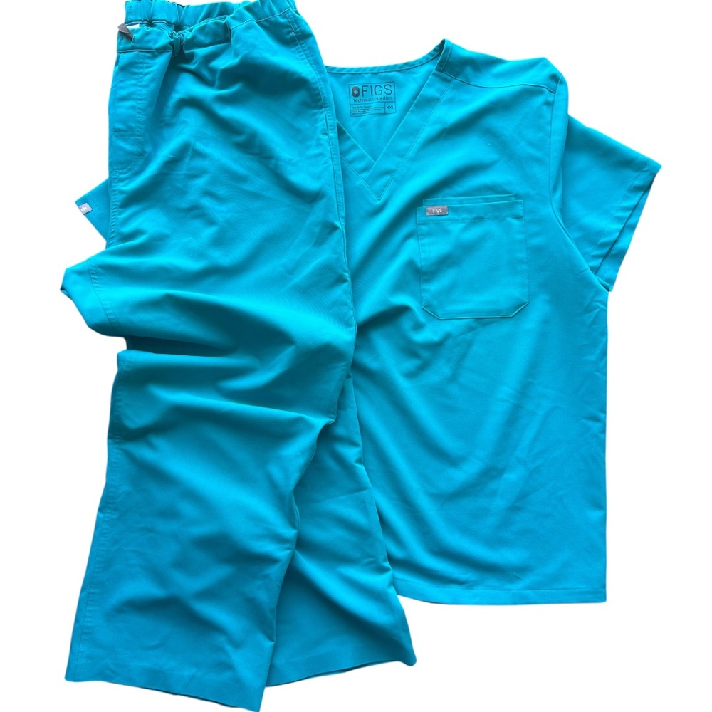 FIGS Technical Collection Scrub Set Teal Blue Classic Fit Top & Drawstring Pants